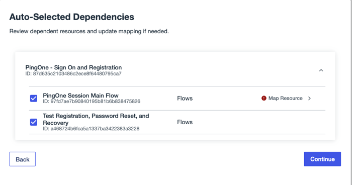 A screenshot of the Auto-Selected Dependencies page listing the dependent DaVinci flows.