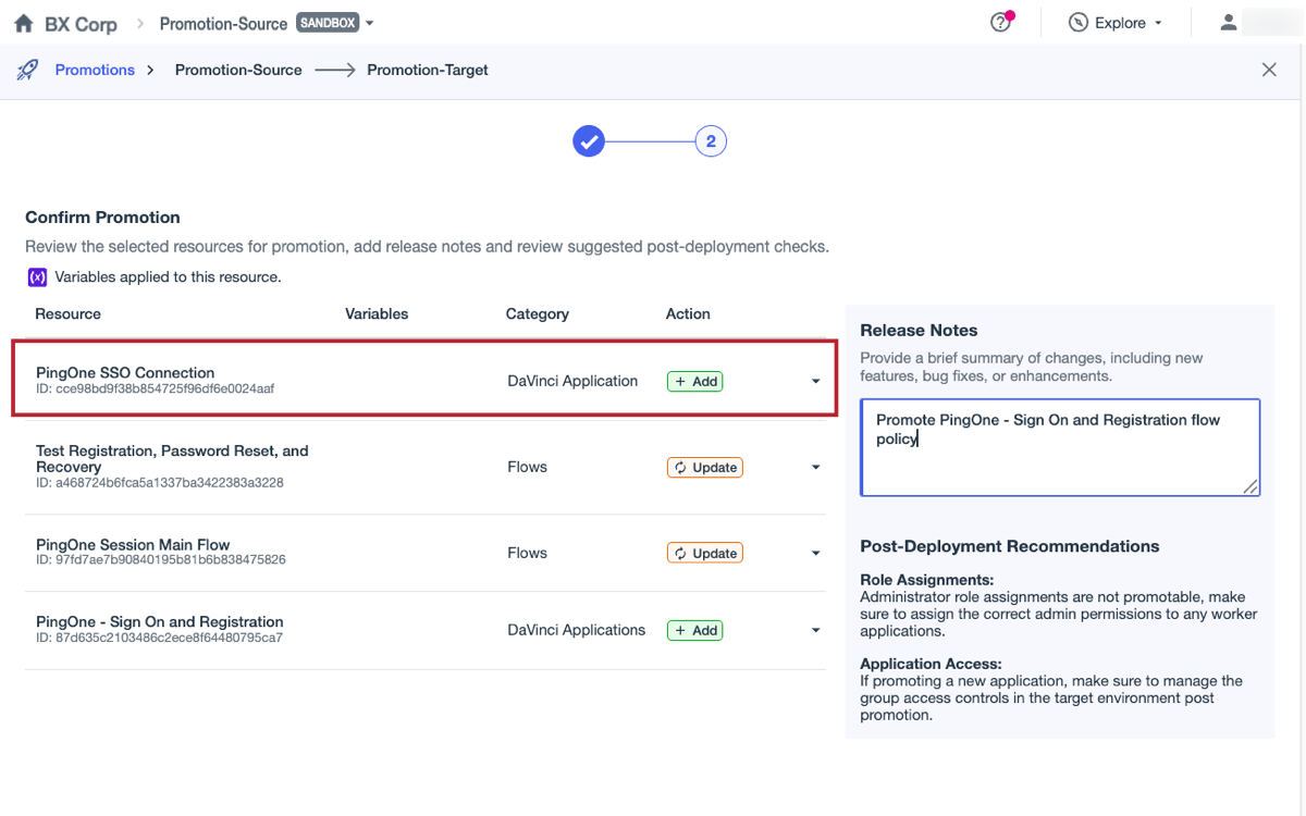 A screenshot of the Confirm Promotion page, with the PingOne SSO Connection application surrounded with a red box.