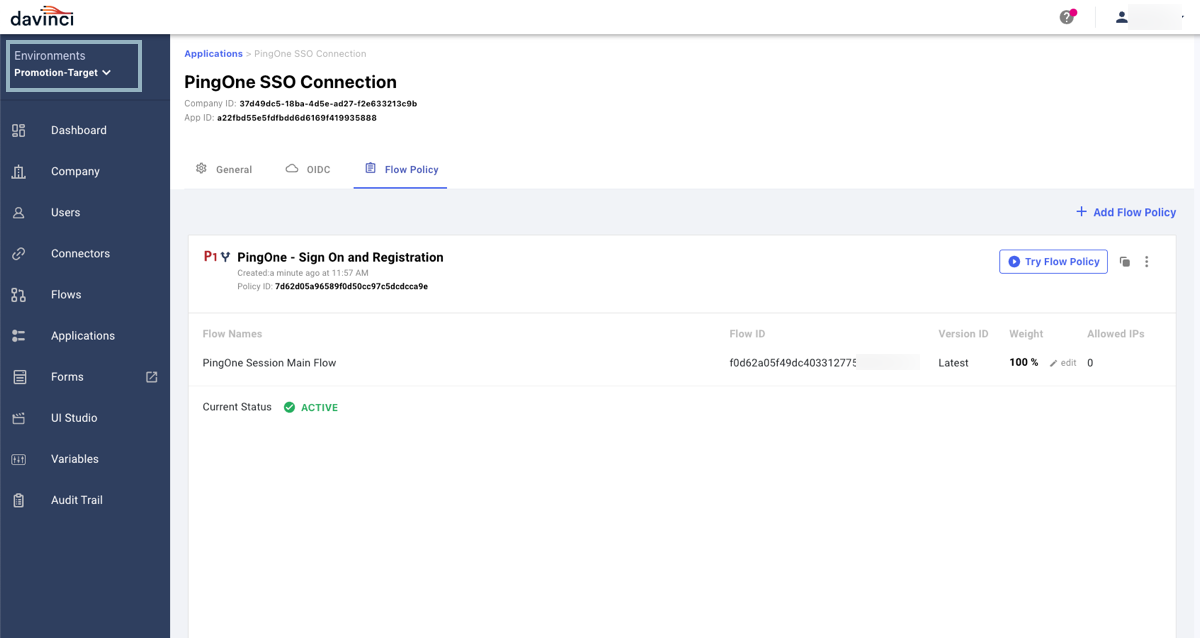 A screenshot of the Flow Policies tab for the PingOne SSO Connection application in the target environment, showing that only the PingOne - Sign On and Registration policy was promoted.