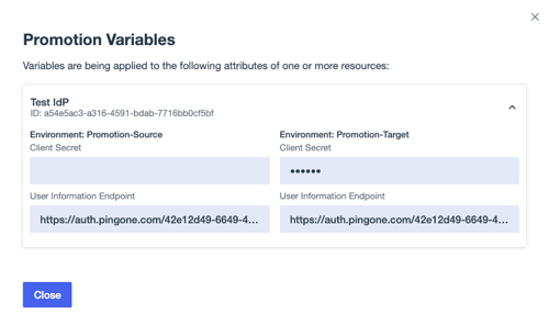 A screenshot of the Promotion Variables modal showing the variables created for Test IdP. The Client Secret variable shows no value in the Promotion-Source environment and an encrypted value in the Promotion-Target environment.