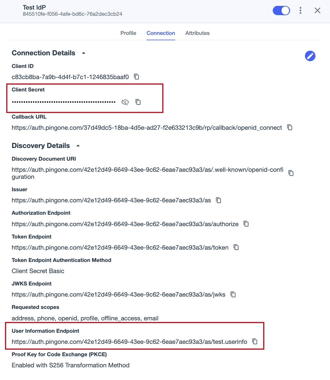 A screenshot of the details panel for Test IdP in the target environment, showing the settings defined in variables in the source environment.