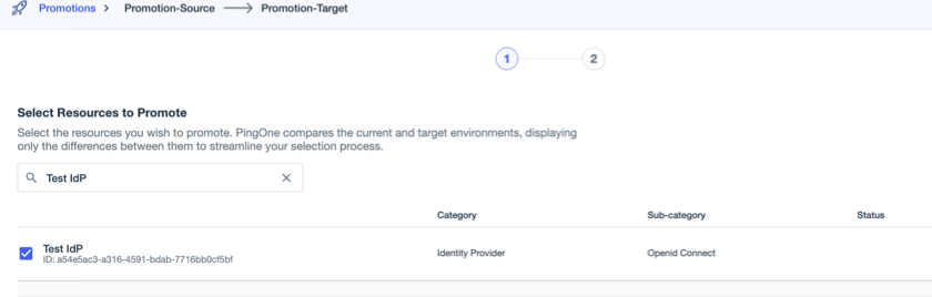 A screenshot of the Select Resources to Promote page with app in the search bar and Test IdP selected.