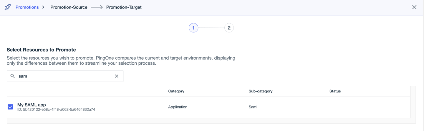 A screenshot of the Select Resources to Promote page with My SAML App selected.