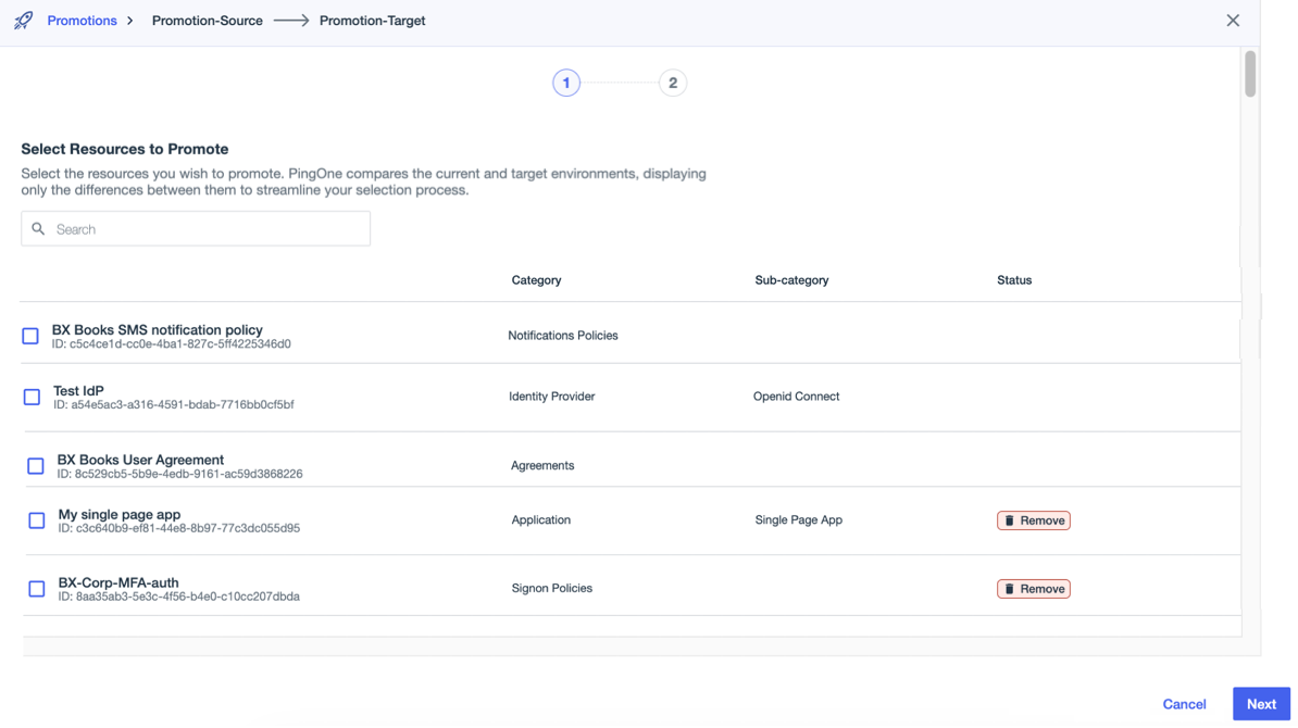 A screenshot of the Select Resources to Promote page without anything selected.