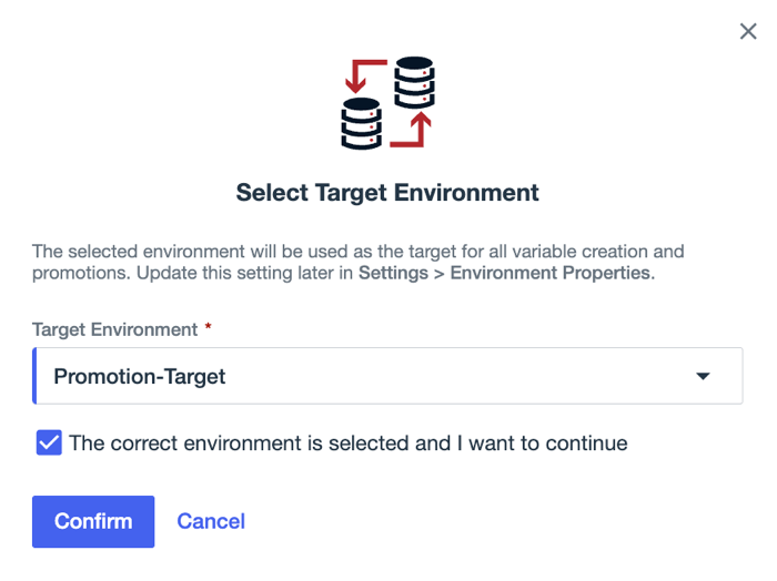 A screenshot of the Select Target Environment modal with Promotion-Target selected in the Target Environment list and the confirmation checkbox selected.