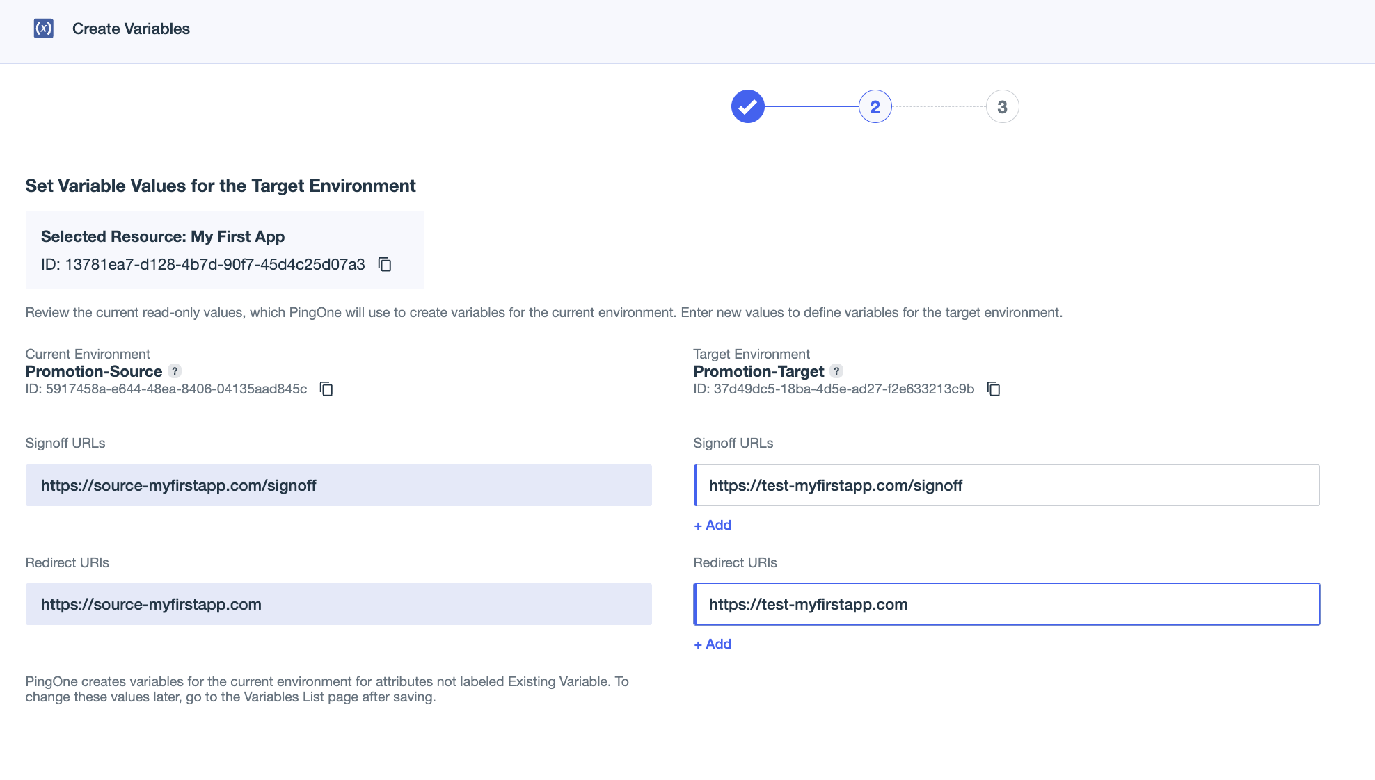 A screen capture of the second page of the Create Variables workflow showing the source environment values for Signoff URLs and Redirect URIs on the left and fields with new values for the target environment on the right.