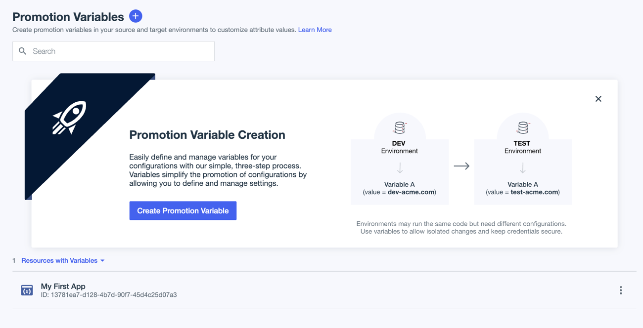 A screen capture showing the Promotion Variables page with My First App added to the Resources with Variables list.