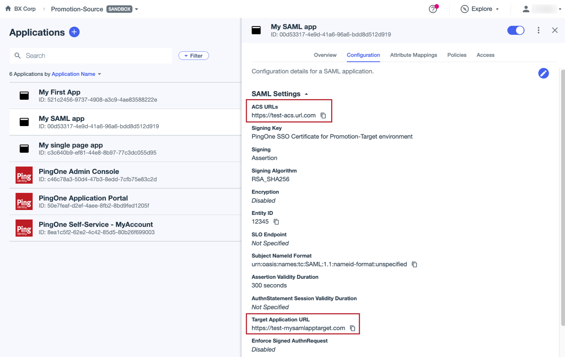 A screenshot of the details panel for the My SAML app application in the target environment, showing the settings defined in variables in the source environment.