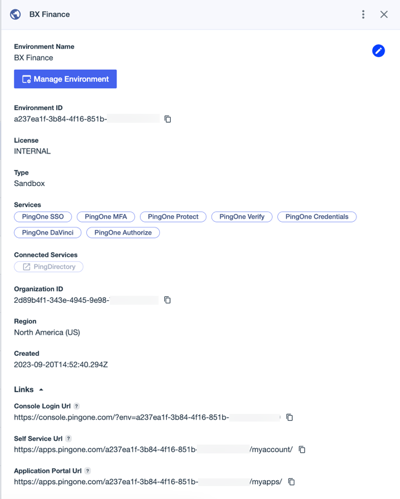 A screenshot of the environment details view of the BX Finance environment showing included services, a connected service that requires configuration, environment and organization IDs, and environment URLs for accessing the console, self-service portal, and the application portal.