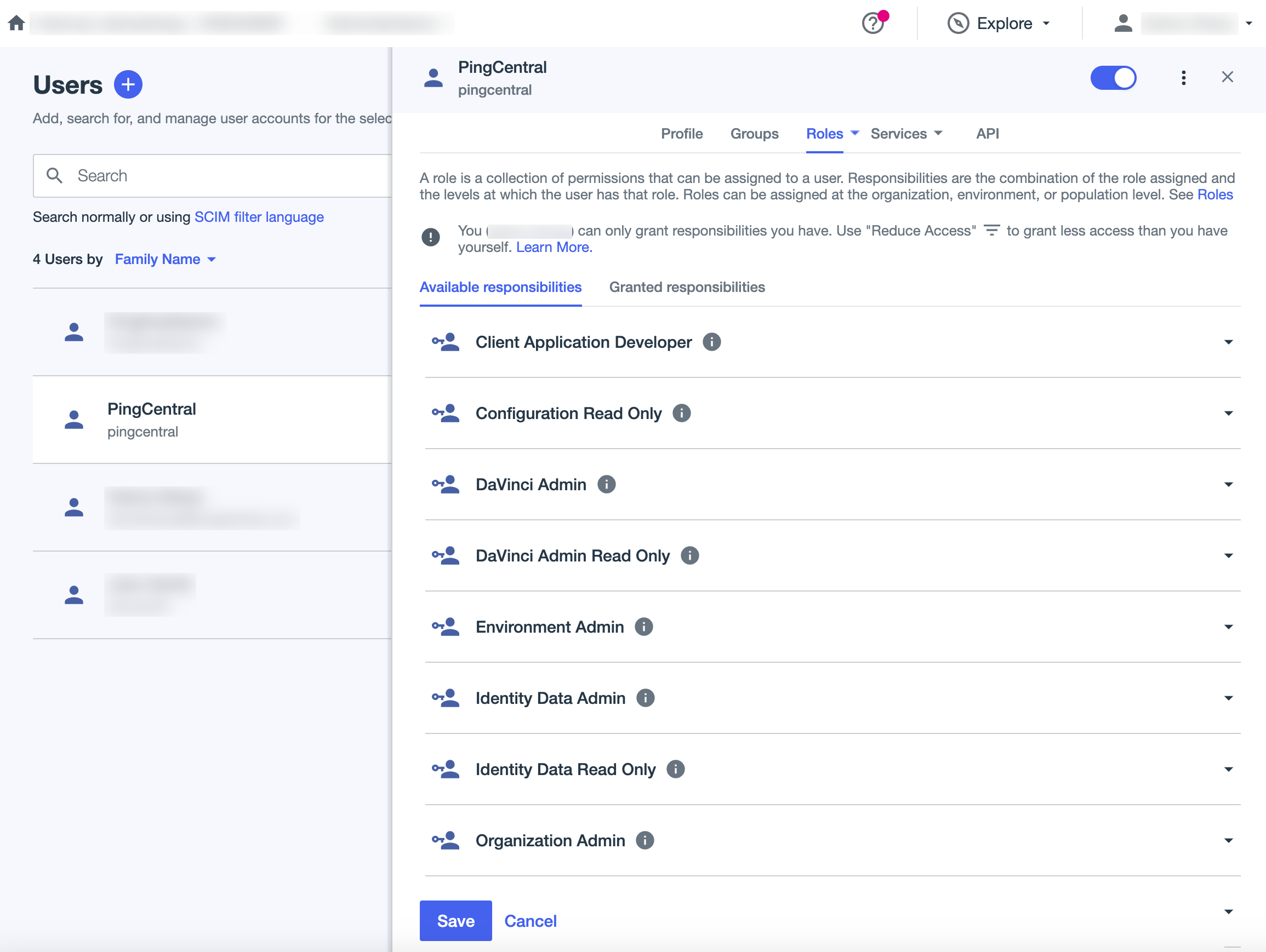 A screen capture of the roles tab in the user details panel, which shows available and granted responsibilities.