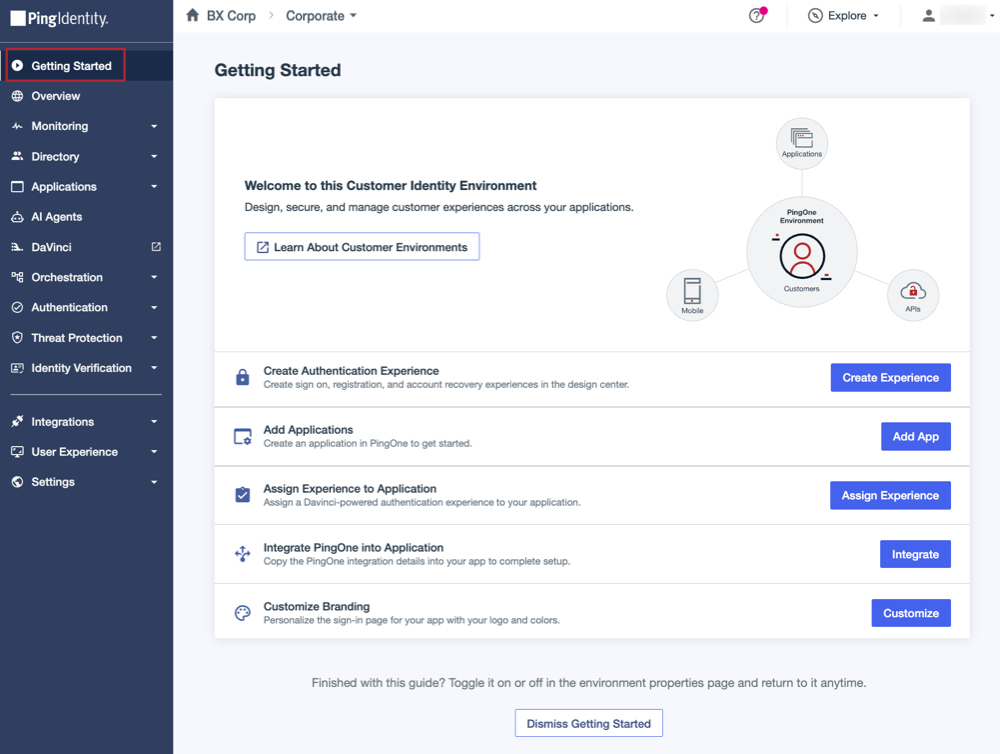 A screenshot of the PingOne admin console including the sidebar with the Getting Started option highlighted and the Getting Started page showing.