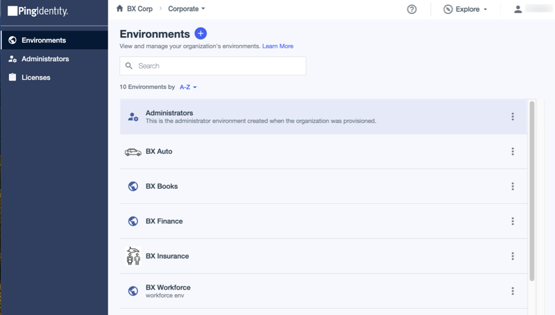 A screen capture of the Environments page of the admin console, listing the environments that are in the organization.