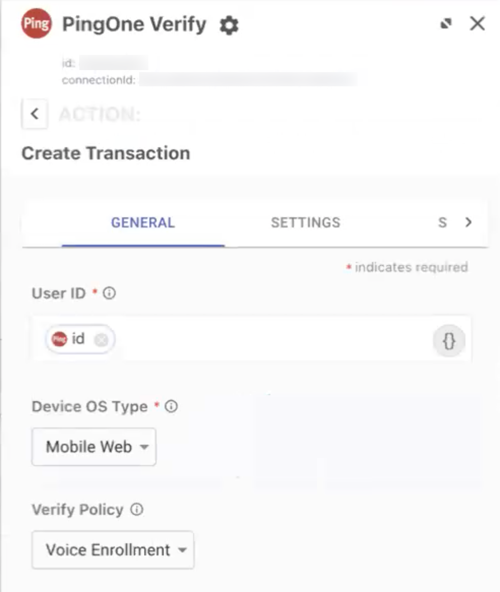 A screen capture of the PingOne Verify Create transaction node details in PingOne PingOne.