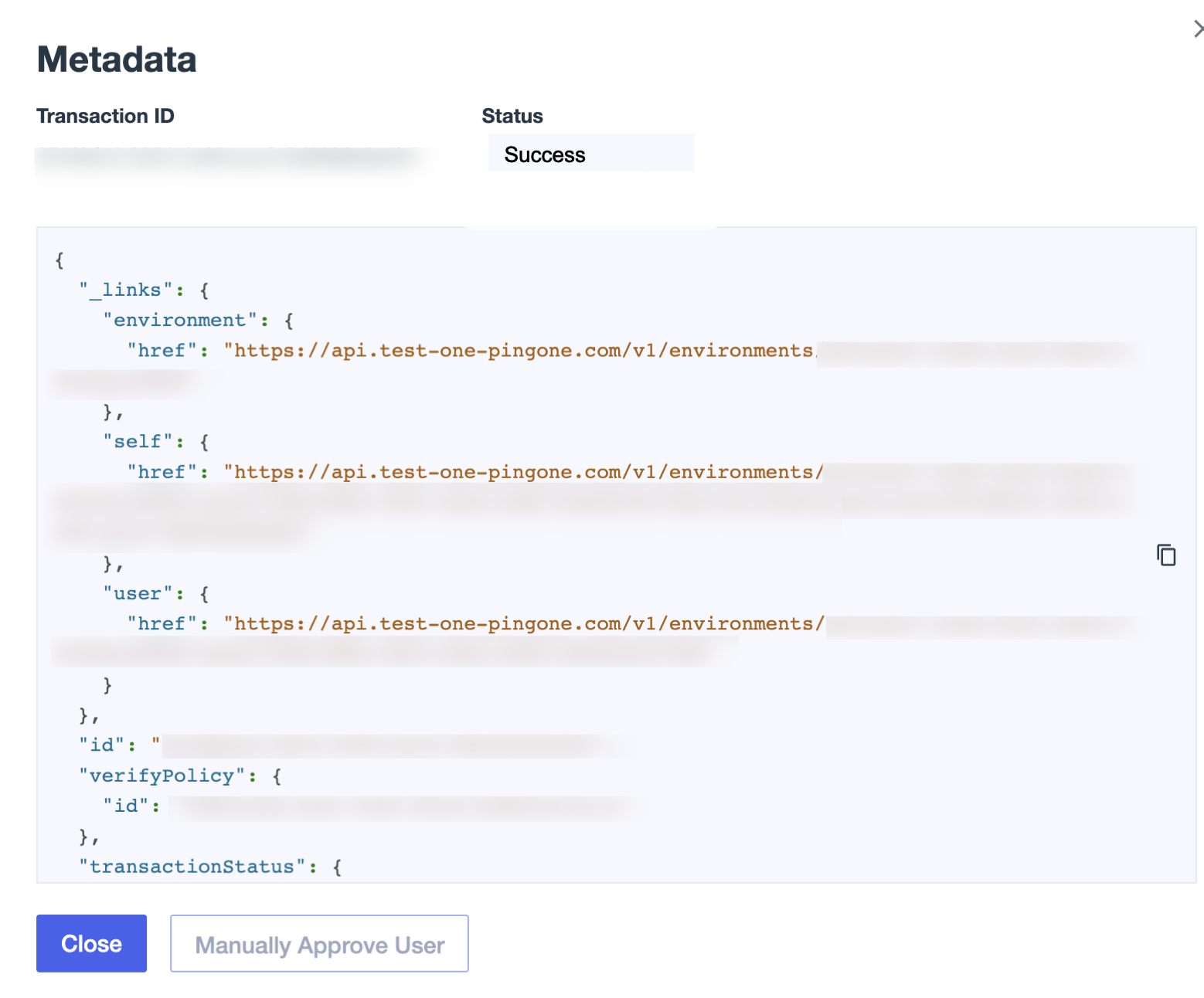 Screen capture of verify transaction id metadata.