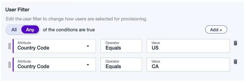 A screen capture of a user filter that matches users from the US and Canada