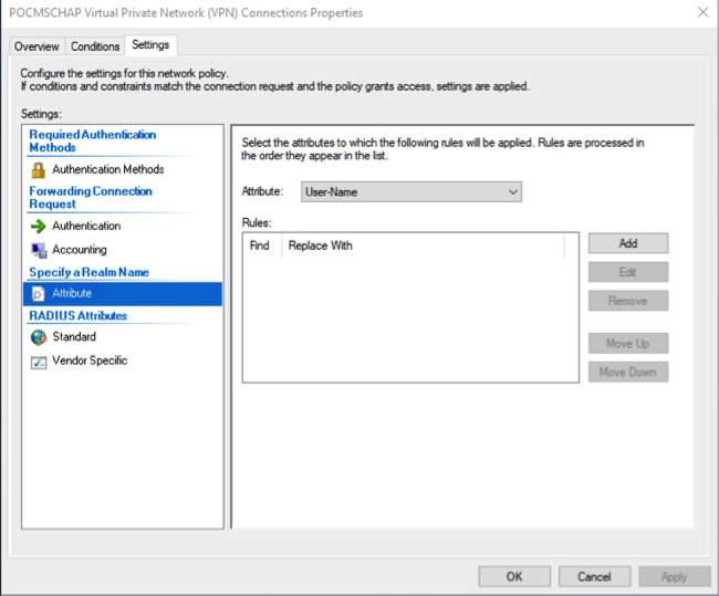 Connections Properties showing the Settings tab