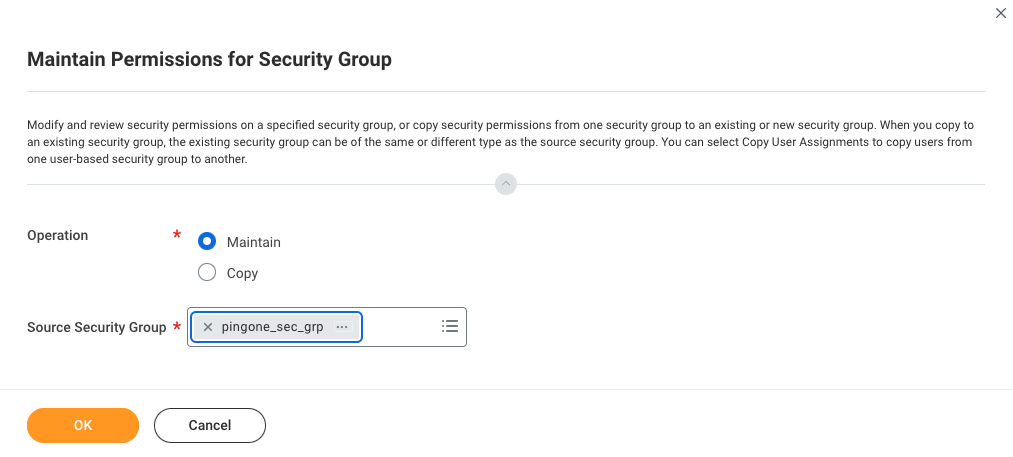 A screen capture of the Workday Maintain Permissions for Security Group screen