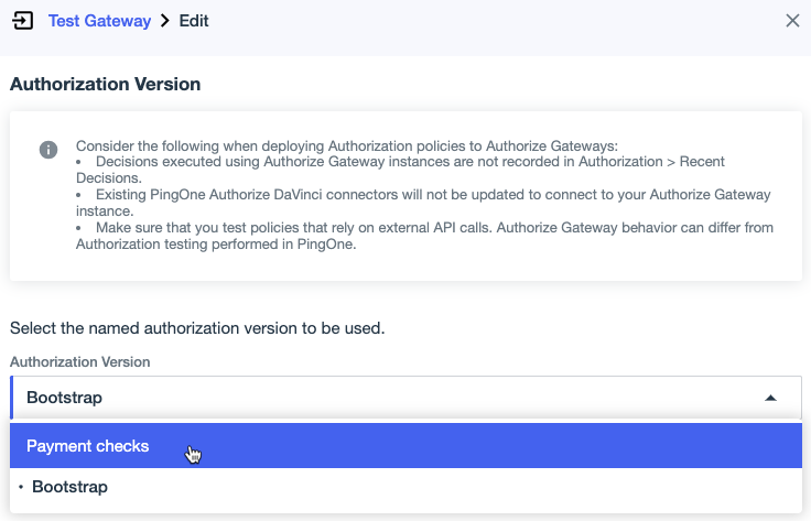 A screen capture of the Authorization Version page with the Payment checks selected as the version to use.