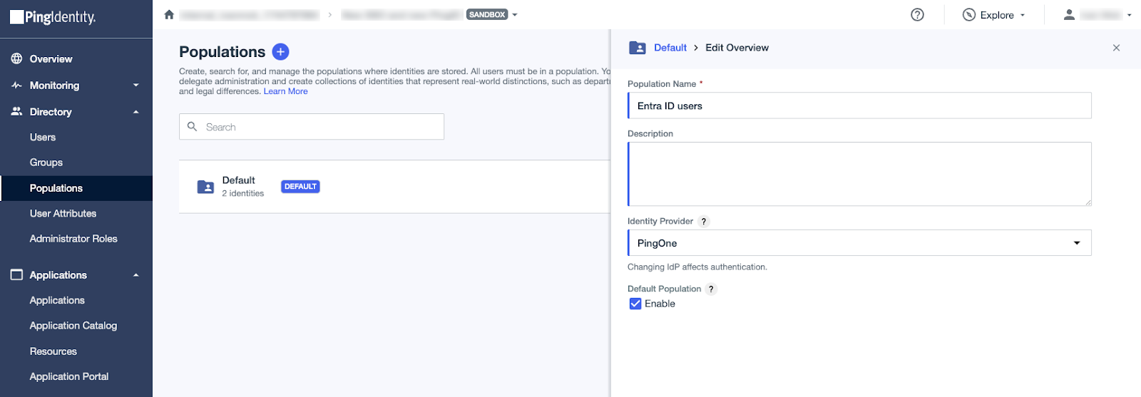 A screen capture of the Edit Population panel with the Population Name changed to Entra ID users.