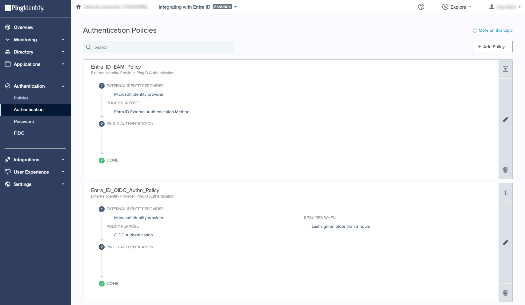 A screen capture of the PingOne Authentication Policies list with two policies: Entra_ID_EAM_Policy and Entra_ID_OIDC_Auth_Policy.