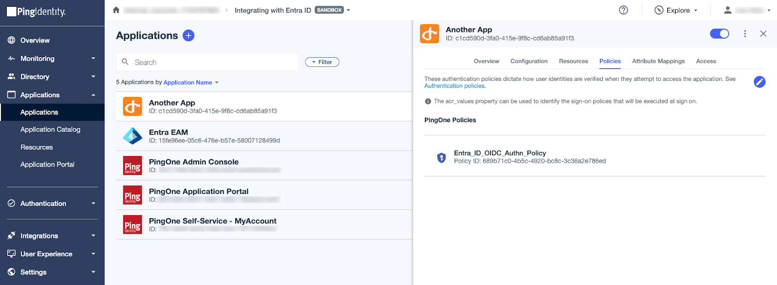 A screen capture of the PingOne Applications page with an example application called Another App selected and the Policies tab showing an added policy named Entra_ID_OIDC_Auth_Policy.