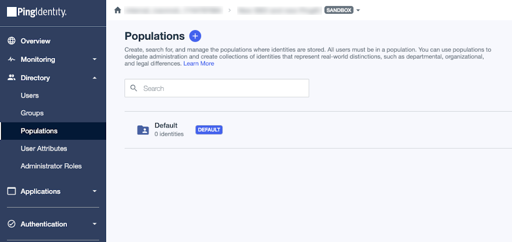 A screen capture of the Populations page with one Default environment.