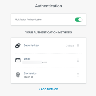 Authentication tab showing a list of the authentication methods paired with a user’s account.