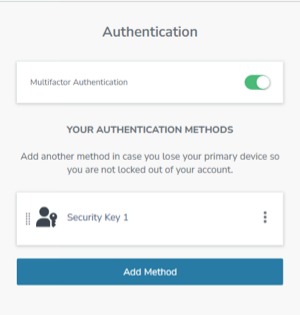 Authentication tab showing a list of the authentication methods paired with a user’s account.