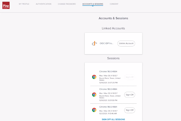 Accounts & Sessions tab, showing a linked account, with the Unlink Accounts button, and several active sessions, with the Sign Off button next to each session. The option to sign off all sessions appears at the bottom of the list of active sessions.