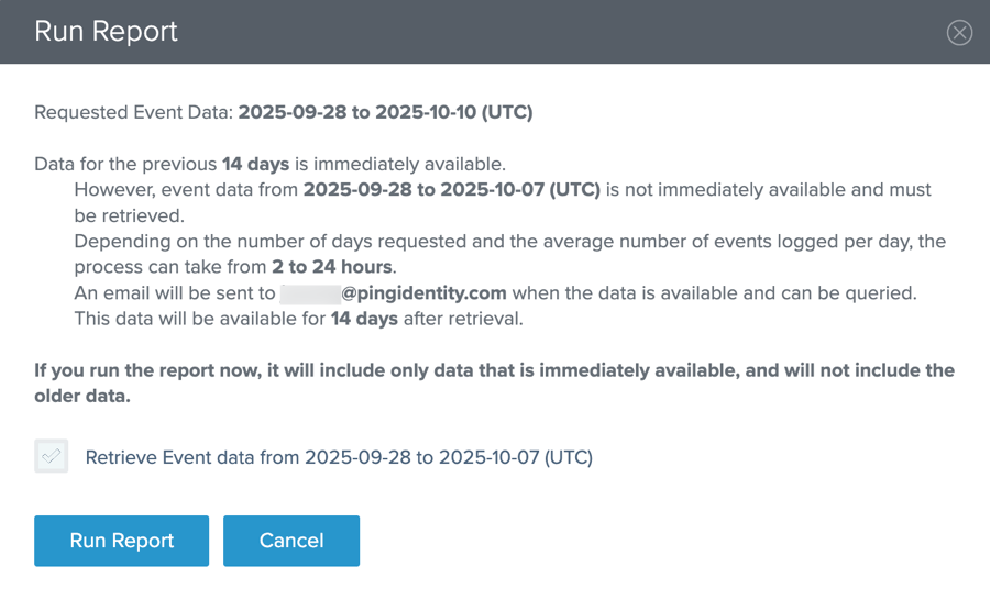 A sample of the Run Report modal when some requested dates require retrieval but others are available immediately