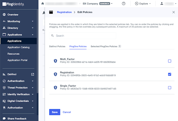 A screenshot of the Applied Policies for the Registration Application in PingOne.