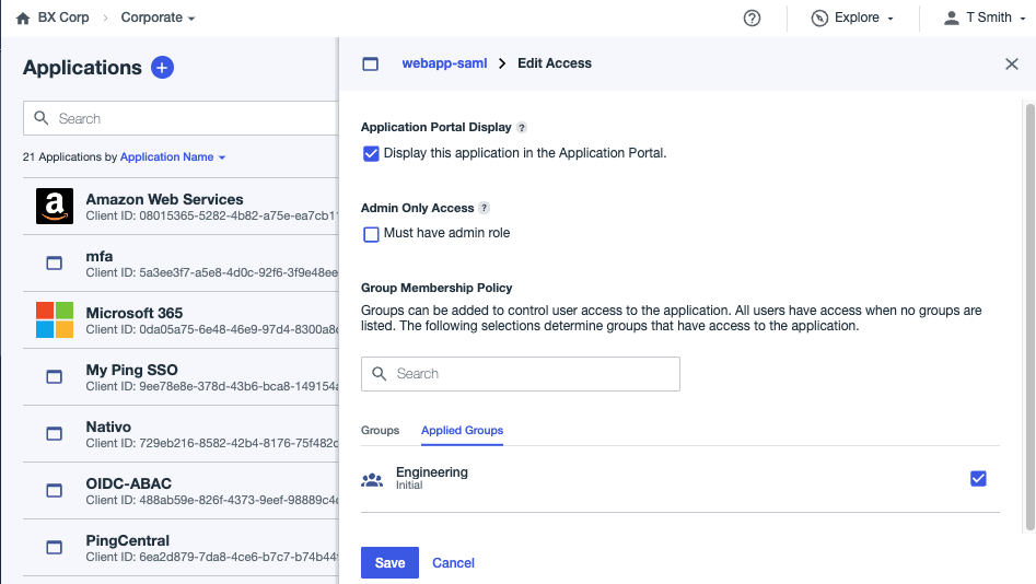 A screen capture showing the Application details panel with a group selected