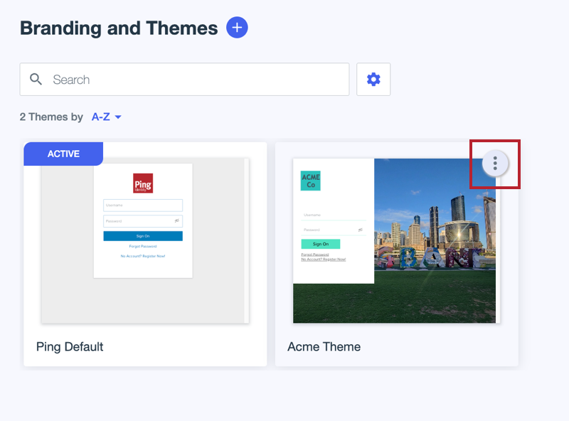A screen capture showing the Branding and Themes page with the More Options icon surrounded by a red box.