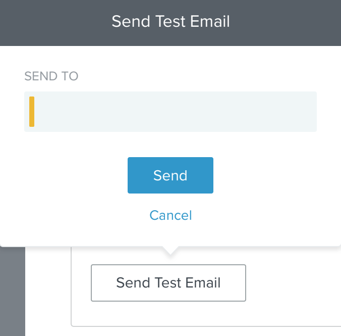 The Send Test Email dialog box, showing an option to send a test email message to a specified address.