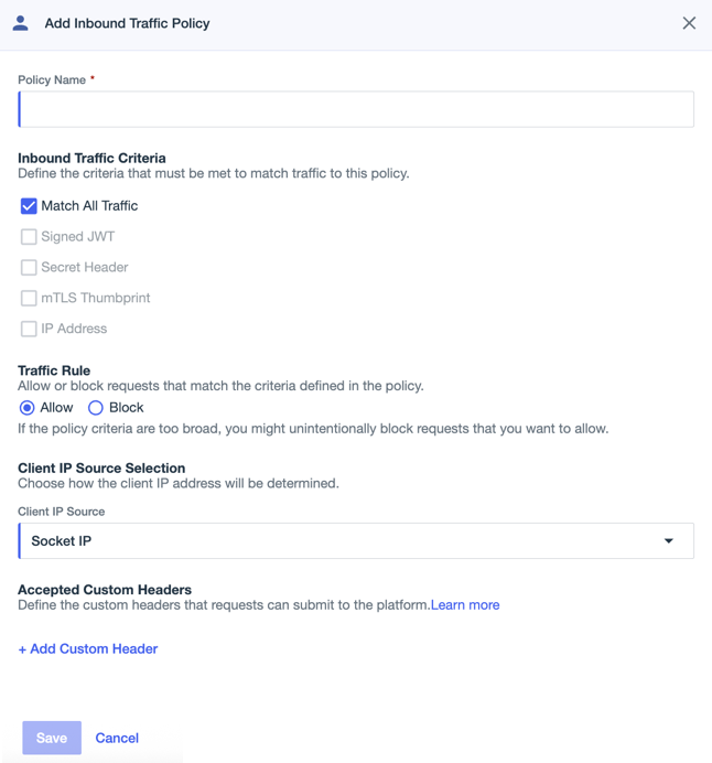 A screenshot of the Add Inbound Traffic Policy page with Match All Traffic selected.