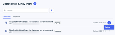 A screenshot of the delete option on the certificates tab.