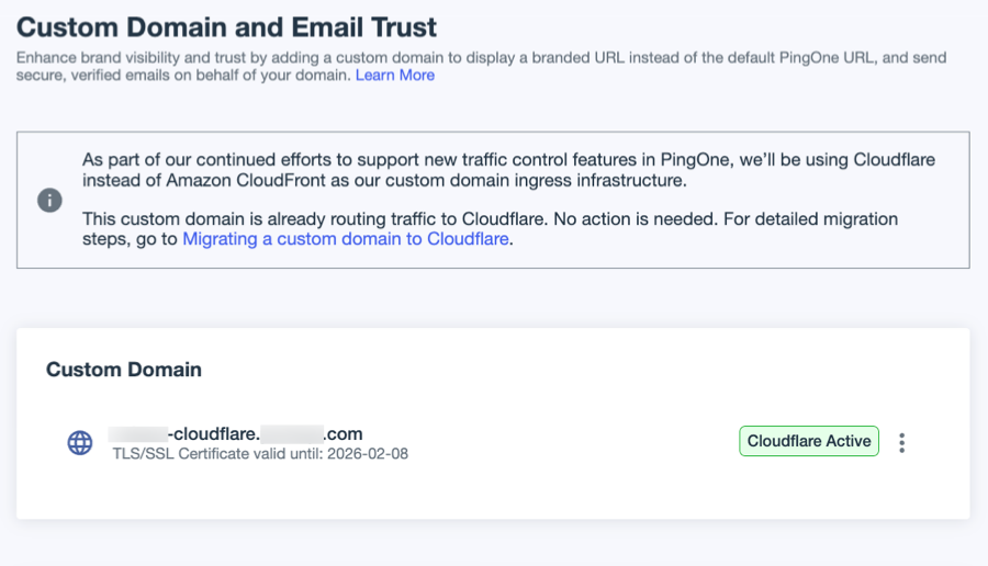 A screenshot of the Domains page showing a custom domain with the Cloudflare Active label.