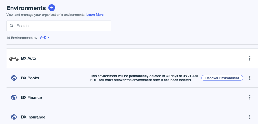 A screenshot showing the Environments page with several environments. The BX Books environment shows the Recover Environment button and deletion information.