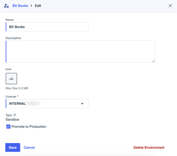 Screenshot of an environment in edit mode showing the Promote to Production checkbox selected