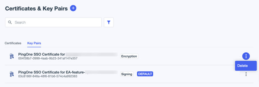 A screenshot of the delete option on the key pair tab.