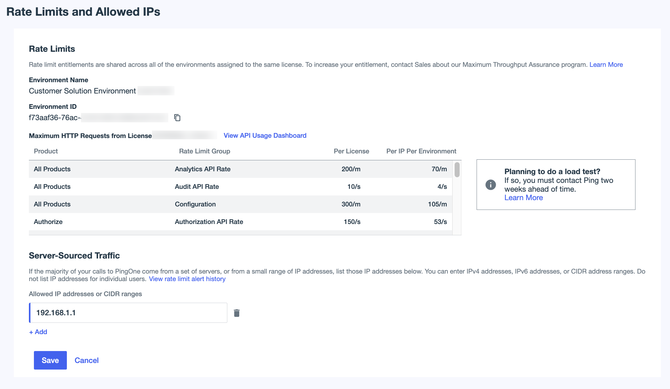 A screen capture of the Rate Limits and Allowed IPs page in PingOne showing a sample IP address in the Allowed IP addresses or CIDR ranges field.
