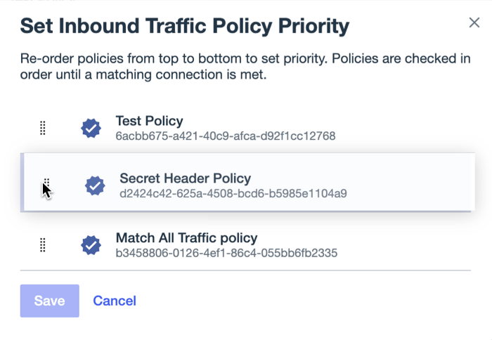 A screenshot of the modal for reordering policies, showing a policy that is being moved.