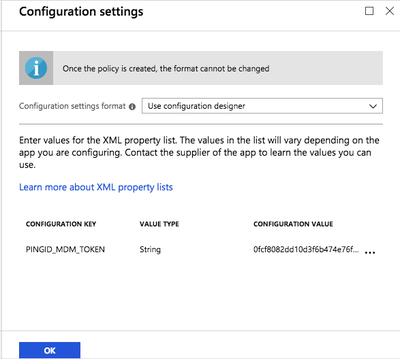 A screen capture of the Configuration Settings pane with the MDM string entered.