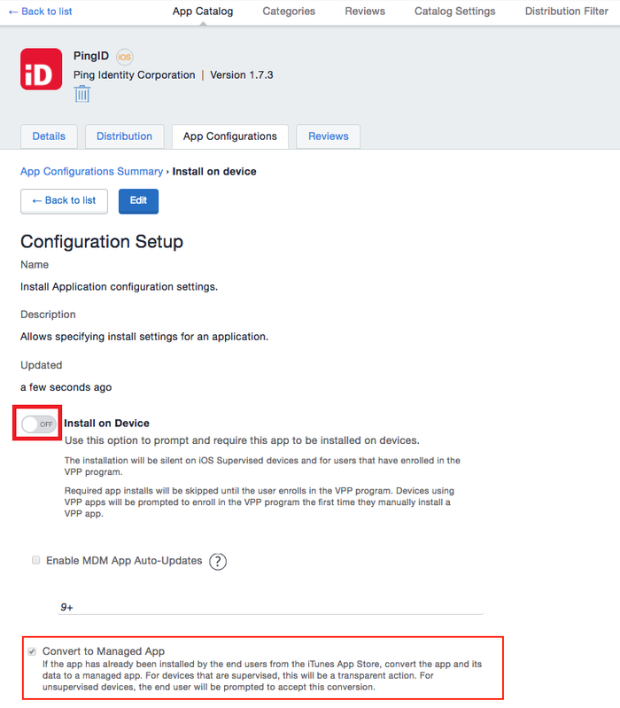 Screen capture of the Configuration Setup section with the Install on Device toggle and Convert to Managed App check box highlighted.