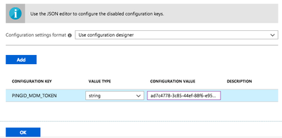 A screen capture of the Configuration Settings pane with the MDM string entered.