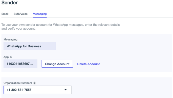 Sender window, Messaging tab showing the WhatsApp sender numbers available for the organization, and a message indicating that the window should not be closed until validation is complete.