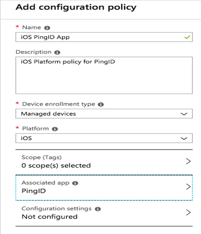 A screen capture of the Add Configuration Policy window, showing PingID in the Associated App section.