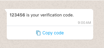 WhatsApp message showing a one-time passcode. The message includes a security message, and the copy code button.