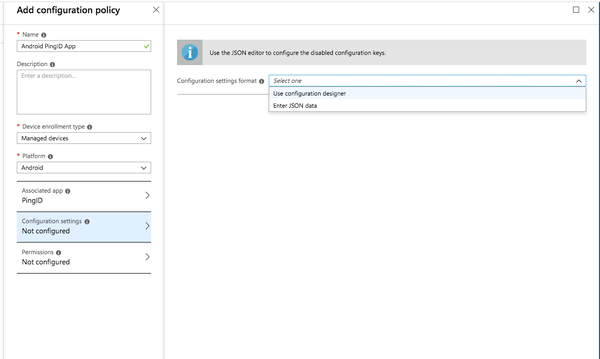 A screen capture of the Configuration Settings tab showing the Configuration Settings Format list with the options Use Configuration Designer and Enter JSON Data.