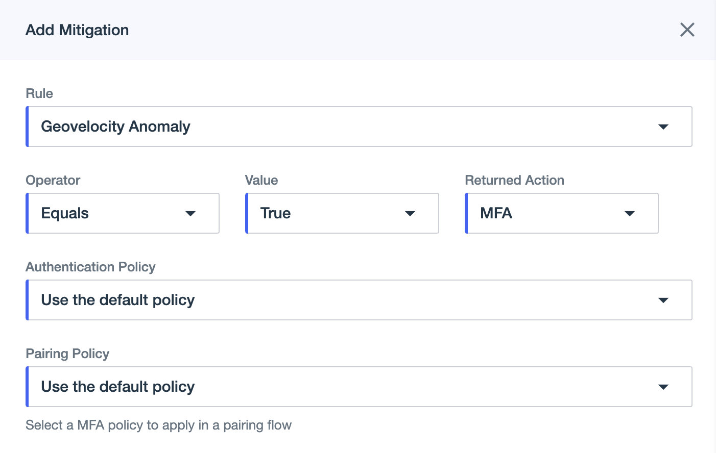A screen capture of a new mitigation rule for when Geovelocity Anomaly equals True to recommend MFA.